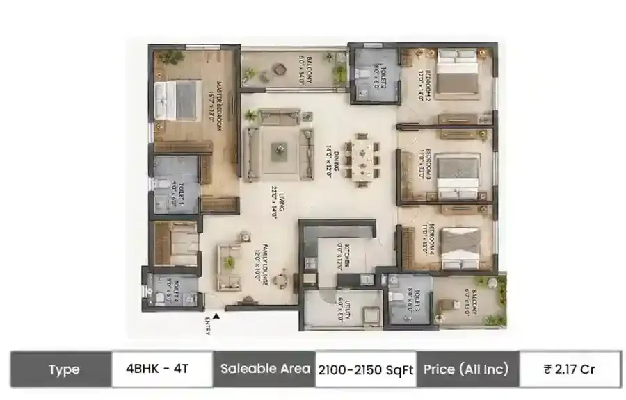 PS Aroha 4BHK - 4T floor plan, 2100 sq ft saleable area