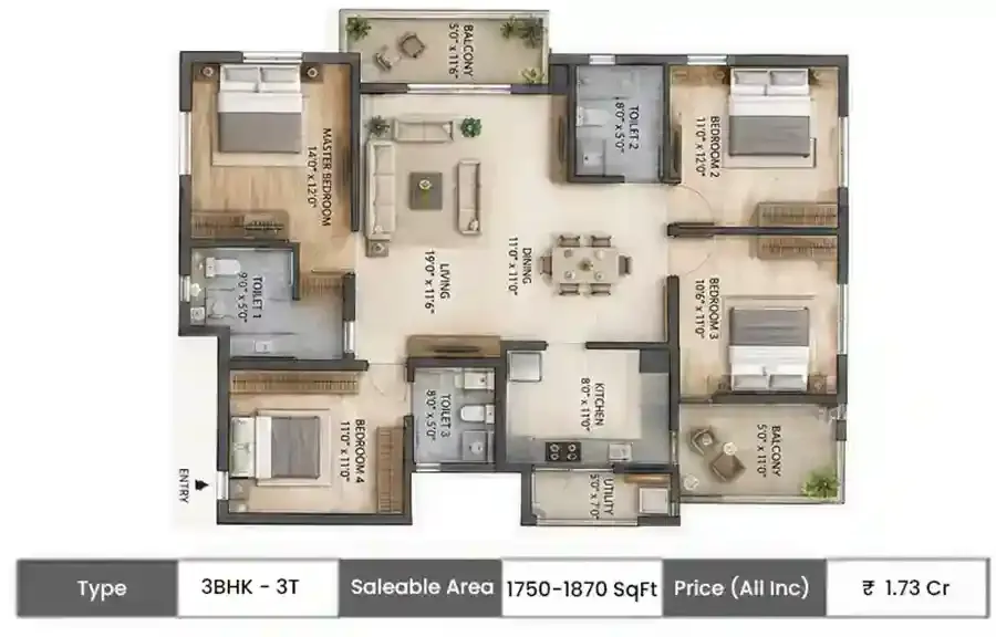 PS Aroha 3BHK - 3T floor plan, 1750 sq ft saleable area