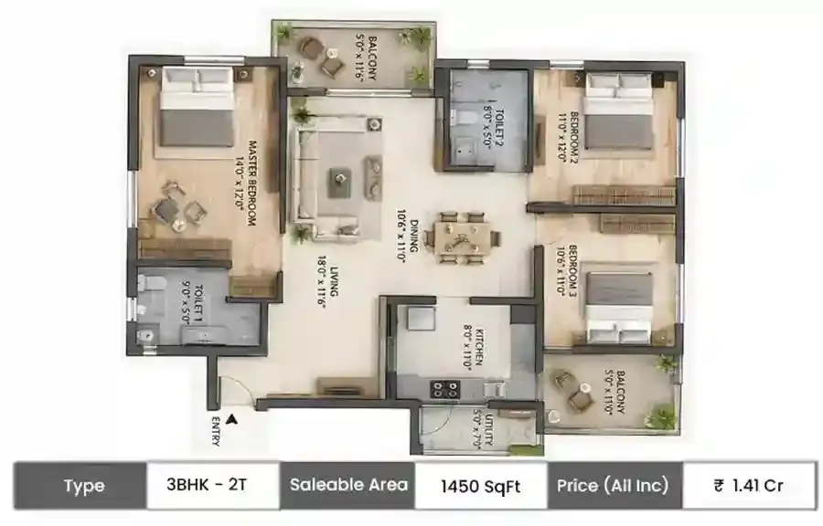 PS Aroha 3BHK - 2T floor plan, 1450 sq ft saleable area